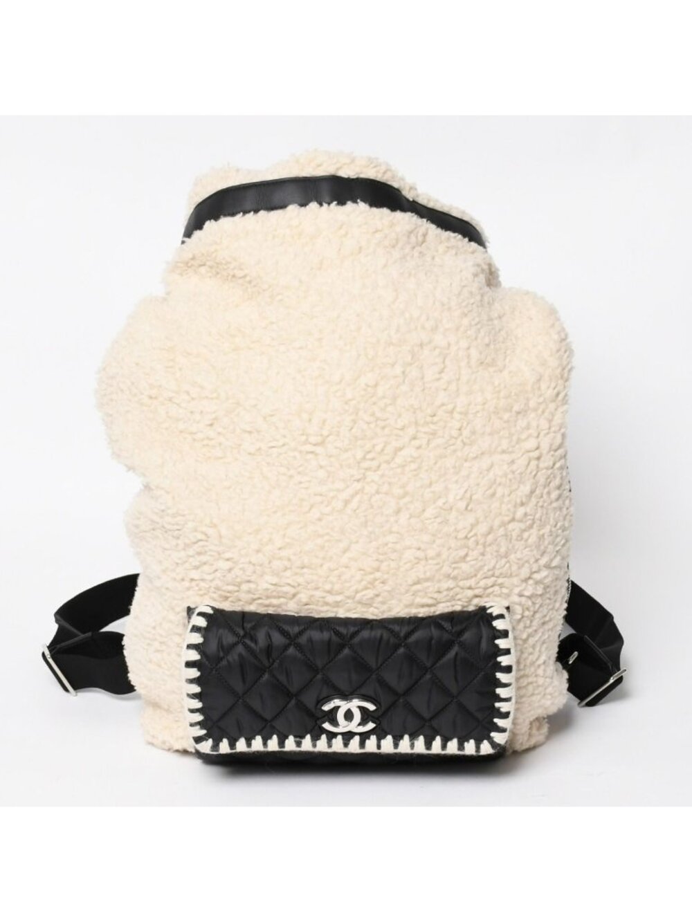 Chanel Coco Niege Neige Backpack CC Logo Nylon Fleece Beige Black